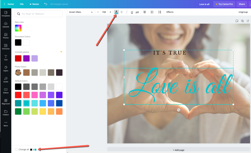 Change all colors Canva